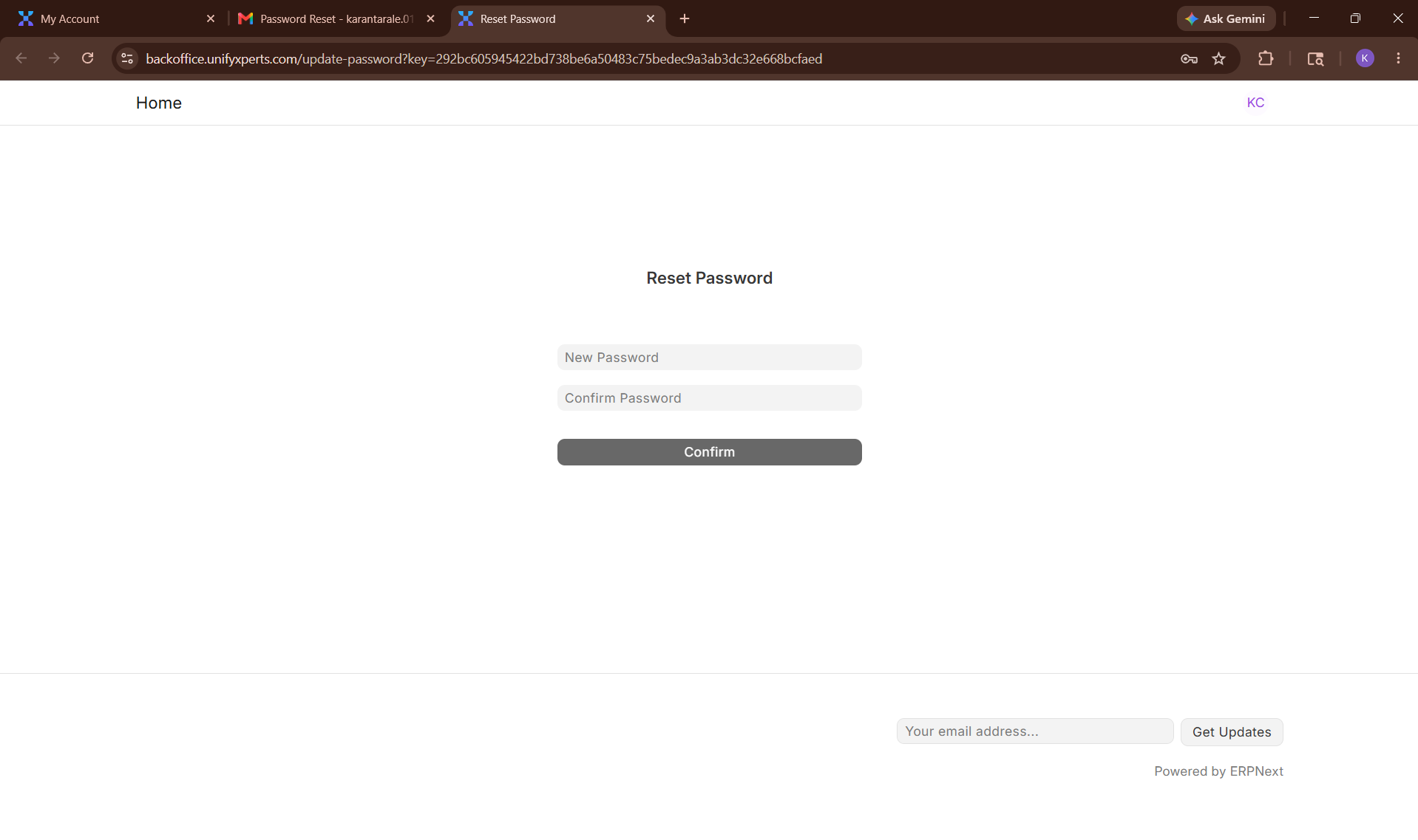 New password entry screen with confirm field